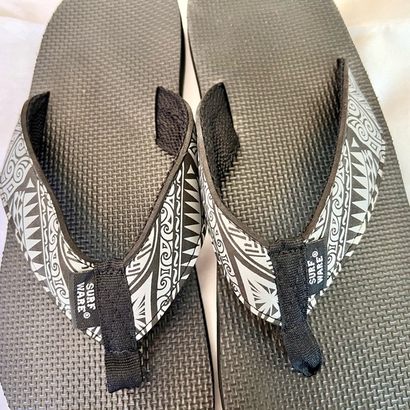 Surf Ware Mens Hawaiian Flip Flops Tapa Cloth Print Straps Blue Black Sz 12 - Picture 8 of 8